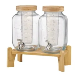 Dryckesdispenser, 2-pack glasjuicebehållare med träställ, 30x15x24,4 cm, transparent
