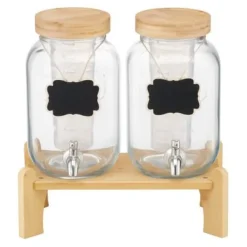 Dryckesdispenser, 2-pack glasjuicebehållare med träställ, 30x15x24,4 cm, transparent