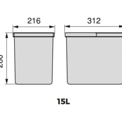 Emuca Recycling Bin Recycling Kit för kökslådor Återvinningshöjd 266 mm, 2x15 liter, antracitgrå plast