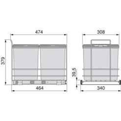 Emuca Återvinningsbehållare Recycle för kök, 2 x 16 L, fastsättning från botten och manuell uttagning, Grå antracitplast
