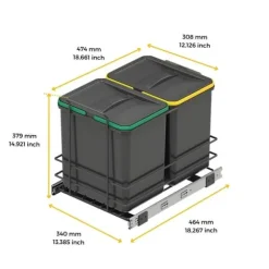Emuca Återvinningsbehållare Recycle för kök, 2 x 16 L, fastsättning från botten och manuell uttagning, Grå antracitplast