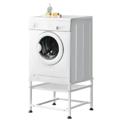 [en.casa]® Tvättmaskinstativ-Förhöjningssockel-med utdragbar hylla-63x54x41cm-pulverlackerat stål-vit-max.belastning:150kg