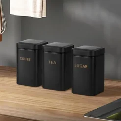 Ensemble 3 Lådor för Te Kaffe Socker 9x14,5cm Hermetisk Cheffinger Svart