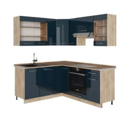 Fame-Line hörnkök, 160 x 190 cm, PT Ek, blank mörkblå/guld ek, Vicco