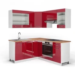 Fame-Line hörnkök, 160 x 190 cm, PT Ek, Burgund högblank/vit, Vicco