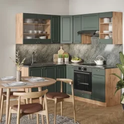 Fame-Line hörnkök, 160 x 190 cm, PT Marble, Grön ek och guld/guld ek, Vicco