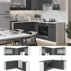 Fame-Line hörnkök, 160 x 60 cm utan bänkskiva, Lanthus antracit/vit, Vicco