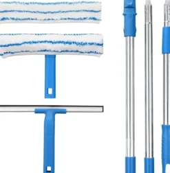 Fönsterskrapa med teleskophandtag (120 cm), fönsterputsare med silikonskrapa och mikrofiberborste, rengöringssats