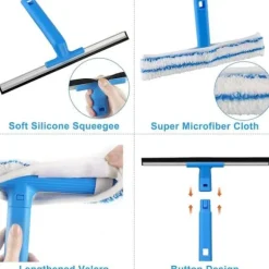 Fönsterskrapa med teleskophandtag (120 cm), fönsterputsare med silikonskrapa och mikrofiberborste, rengöringssats