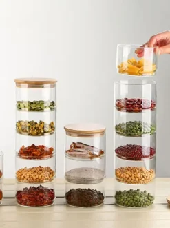 Förvaringsburkar i glas i flera nivåer, snacks och torkad frukt, salladsskål i glas med lock