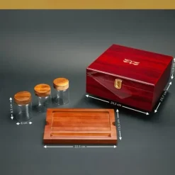 Förvaringslåda i trä och 3 glasbehållare för lyxiga örter