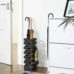 Fyrkantigt Paraplyställ i Metall Med Krokar, Droppbricka, 15,5x15,5x49 cm svart