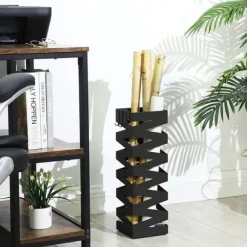 Fyrkantigt Paraplyställ i Metall Med Krokar, Droppbricka, 15,5x15,5x49 cm svart