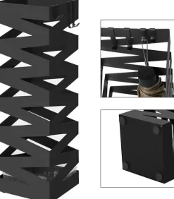 Fyrkantigt Paraplyställ i Metall Med Krokar, Droppbricka, 15,5x15,5x49 cm svart