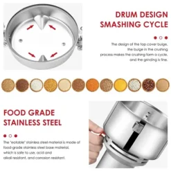 Höghastighets spannmålskvarn, 220V kvarn 500 g, för örter/kryddor/nötter/säd, överlastskydd, ljusgrå