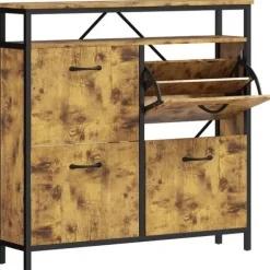 HOMCOM Skoställ med 4 hopfällbara lådor, smal design, öppen hylla, för 12-20 par skor, stål, brun