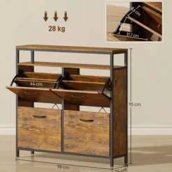 HOMCOM Skoställ med 4 hopfällbara lådor, smal design, öppen hylla, för 12-20 par skor, stål, brun