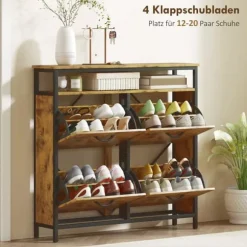 HOMCOM Skoställ med 4 hopfällbara lådor, smal design, öppen hylla, för 12-20 par skor, stål, brun