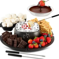 2-i-1 Elektrisk Fondue & Smores Maker Set – Smält Choklad, Inomhus Kit med 4 Grillpinnar & Avtagbara Brickor