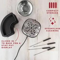 2-i-1 Elektrisk Fondue & Smores Maker Set – Smält Choklad, Inomhus Kit med 4 Grillpinnar & Avtagbara Brickor