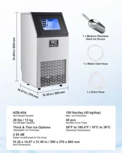 IJsblokjesmachine - Commerciële ijsmachine - Productie 45 kg/dag - Opslag 13 kg - Vrijstaand/onderbouw - Roestvrij staal - Zelfreinigend