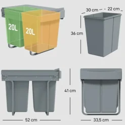Inbyggd soptunna för underskåp - Utdragbar dubbel modell - 2x20 L - 2 Avtagbara behållare - Smidigt utdrag - Lock med diamantmönster - Grå