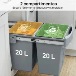Inbyggd soptunna för underskåp - Utdragbar dubbel modell - 2x20 L - 2 Avtagbara behållare - Smidigt utdrag - Lock med diamantmönster - Grå