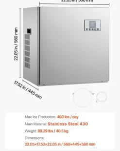 Industriell ismaskin - Ismaskinshuvud - 181 kg/dygn - Rostfritt stål - Självrengöring - Tjockleksjustering - Endast huvud