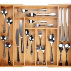 Infällbar knivlåda, bambubestickbricka, 6-8 lådor, förvaring av köksbestick, trälåda