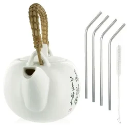 Jiangxi tekanna i lergods 1 liter + 4 sugrör i rostfritt stål