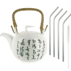 Jiangxi tekanna i lergods 1 liter + 4 sugrör i rostfritt stål