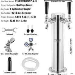 Kegerator Tornkit, Dubbelkran Ölkranstorn, 17,5x11,5x43,5 cm, Rostfritt Stål