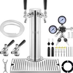 Kegerator Tornkit, Dubbelkranar Ölförvandlingskit, Rostfritt Stål Öltappstorn med Dubbeltryckmätare W21.8 Regulator & S-System Fat