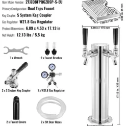 Kegerator Tornkit, Dubbelkranar Ölförvandlingskit, Rostfritt Stål Öltappstorn med Dubbeltryckmätare W21.8 Regulator & S-System Fat