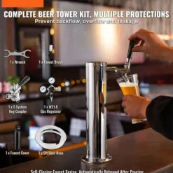 Kegerator Tower Kit, Enkelt Tap Beer Konverteringskit, Rostfritt Stål Keg Beer Tower Dispenser med Dual Gauge W21.8 Regulator & S-System Keg