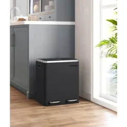 Köksavfallstunna, 2 x 15 L stålavfallstunna, trappstegstunna med innerhinkar och handtag, mjuk stängning, lukttätning, svart LTB30BK