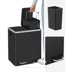 Köksavfallstunna, 2 x 15 L stålavfallstunna, trappstegstunna med innerhinkar och handtag, mjuk stängning, lukttätning, svart LTB30BK