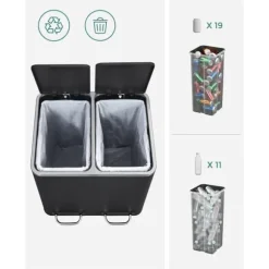 Köksavfallstunna, 2 x 15 L stålavfallstunna, trappstegstunna med innerhinkar och handtag, mjuk stängning, lukttätning, svart LTB30BK