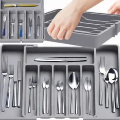 Kökslådorganisatör för bestick, utdragbar köksinsats, grå