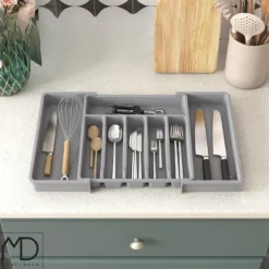 Kökslådorganisatör för bestick, utdragbar köksinsats, grå