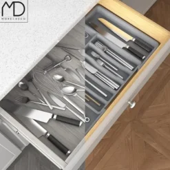 Kökslådorganisatör för bestick, utdragbar köksinsats, grå