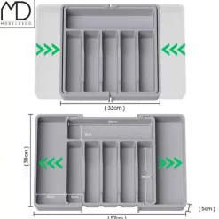 Kökslådorganisatör för bestick, utdragbar köksinsats, grå