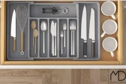 Kökslådorganisatör för bestick, utdragbar köksinsats, grå