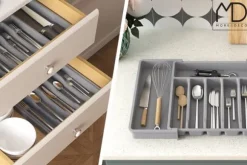 Kökslådorganisatör för bestick, utdragbar köksinsats, grå