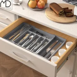 Kökslådorganisatör för bestick, utdragbar köksinsats, grå