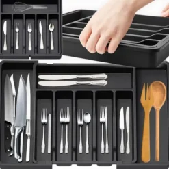 Kökslådorganisatör för bestick, utdragbar köksinsats, svart