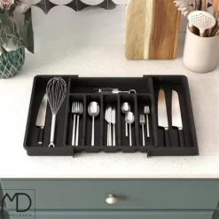 Kökslådorganisatör för bestick, utdragbar köksinsats, svart