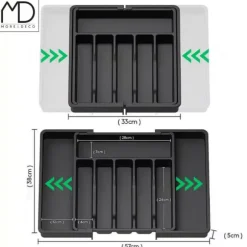 Kökslådorganisatör för bestick, utdragbar köksinsats, svart