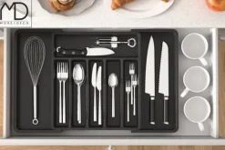 Kökslådorganisatör för bestick, utdragbar köksinsats, svart