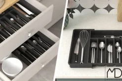 Kökslådorganisatör för bestick, utdragbar köksinsats, svart